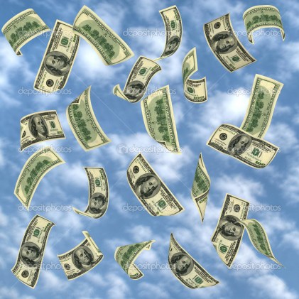 100 dollar bills, flying in clear sky. The image of very big resolution